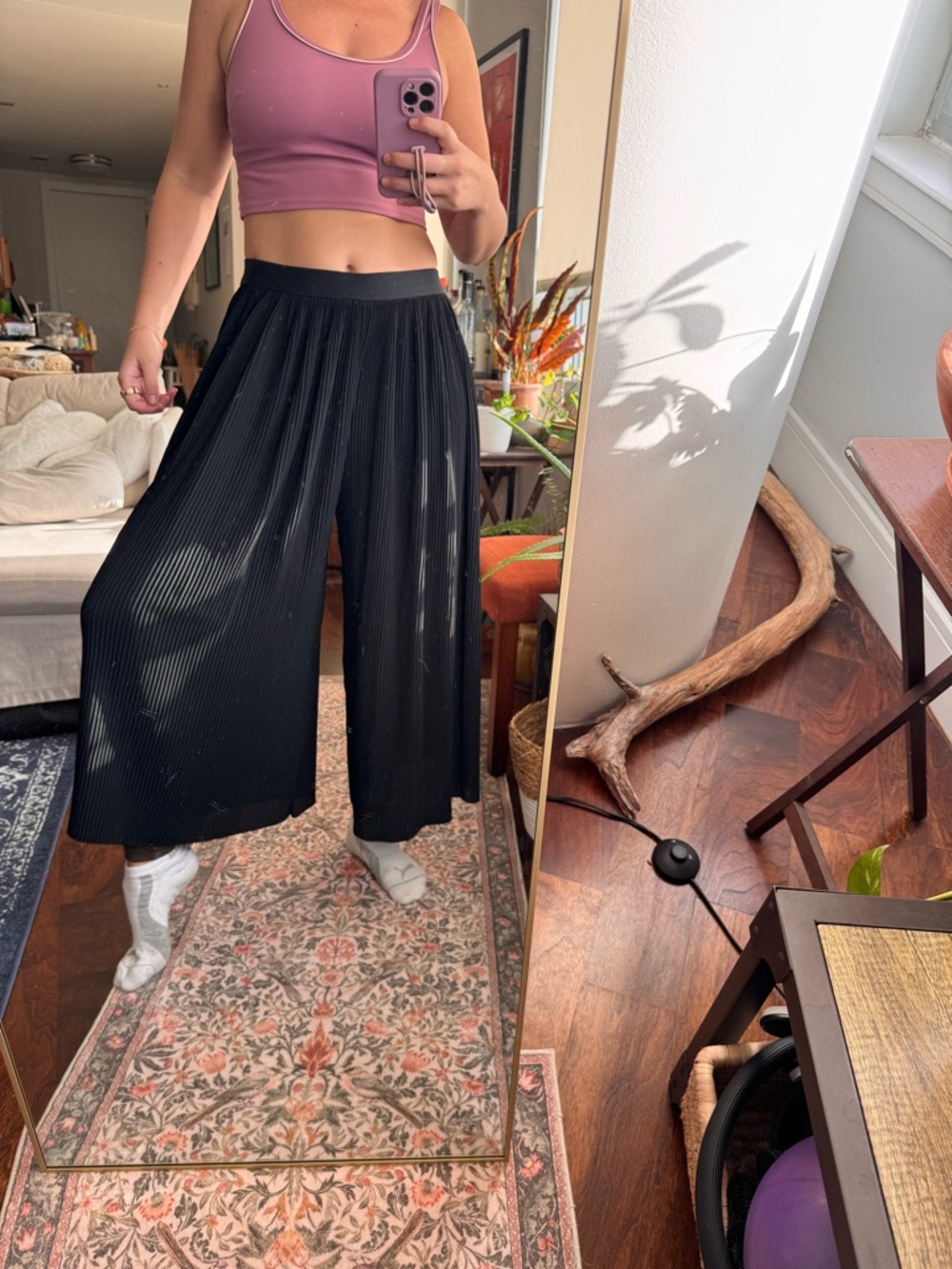 ZARA Pleated Black Elastic Waist Wide-Leg Pants Women's Size S stretchy loose